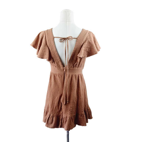 Showpo Terracotta Brown Ruffle Mini Dress AU 10 US 6 Cotton Tie Back Deep V Neck - Picture 3 of 10